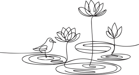 A bird standing on a lily pad with lotus flowers in the water © Sara