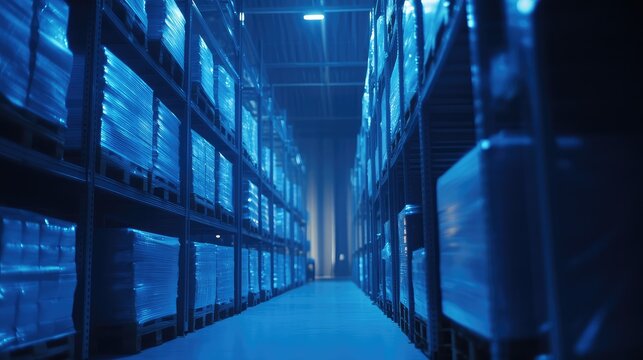 Large automated warehouse bathed in blue light, packed with tall racking and organized products, showcasing modern logistics, inventory automation and efficient distribution systems