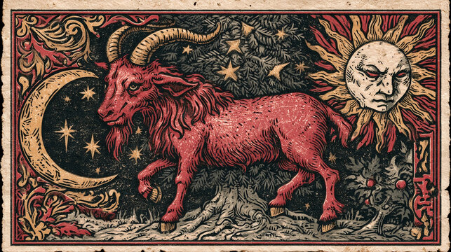 Red diabolical goat with the occult Sun and Crescent Moon on dark background. Tarot medieval symbols and Chinese zodiac 2027 concept. Vintage lithography illustration for wallpaper, poster, greetings