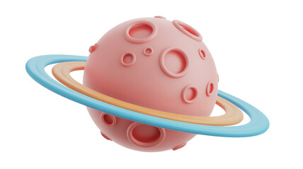 Fototapeta premium Stylized pink planet with craters and colorful rings 3d render representing space exploration and astronomy.