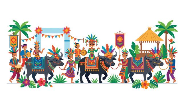 A festive cultural parade features people in traditional colorful clothing leading water buffaloes adorned with decorative harnesses and floral headpieces in a sunny setting.
