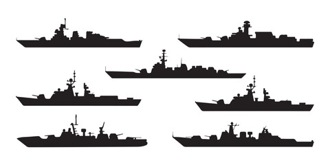 Silhouettes of modern naval warships and military vessels set on a white background. © Siyam Islam