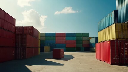 Fototapeta premium Shipping containers standing stacked in a commercial port, creating an industrial landscape under a clear sky, representing global logistics, freight transportation, and maritime trade