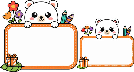 Fototapeta premium Kawaii polar bear frame set, cute animal border with blank space for text, school stationery vector with pencils and flowers for kids