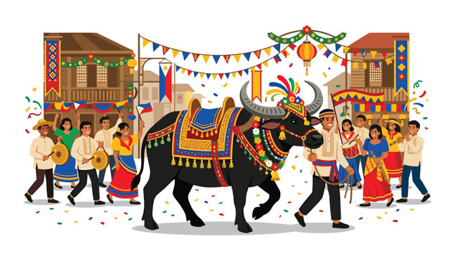 A decorated water buffalo parades through a village street filled with people in traditional attire and hanging colorful bunting during a festive cultural celebration.