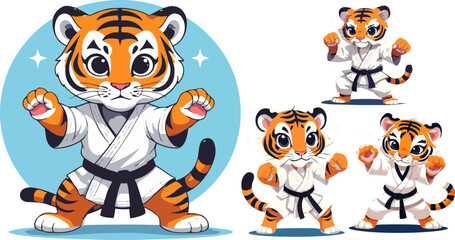 Cute karate tiger mascot vector set, adorable baby tiger character wearing white martial arts uniform and black belt, cartoon animal fighter © Design