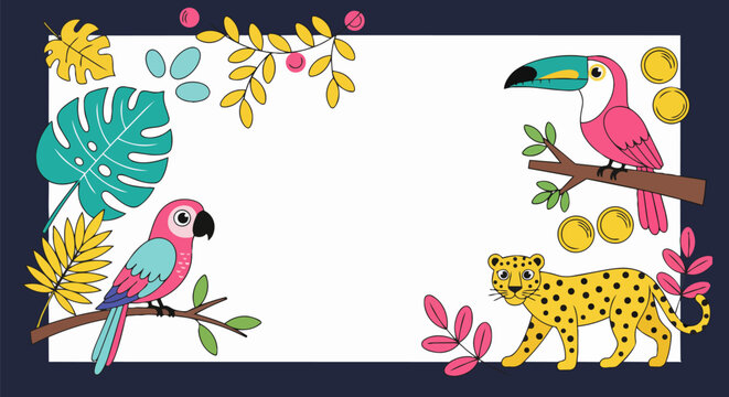 Tropical jungle animal frame, exotic bird and leopard border vector, colorful rainforest foliage background with copy space for text