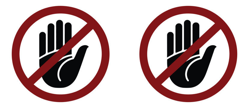 Do not enter prohibition vector icon featuring hand stop symbol, restricted access warning and no entry sign elements, clean modern illustration set for safety signage systems, industrial warnings, 