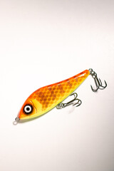 Fishing accessories bobbers, hooks, tackles, baits isolated on white background. Image for shop for fisherman. Close up © Krievietka