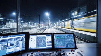 Obraz premium Control center workers managing a busy railway station at night, monitoring train movements and signals with advanced computer systems and screens for efficient operations