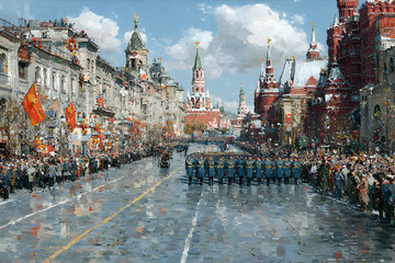 Fototapeta premium Large parade occurs in Moscow with marchers and spectators in the streets during a sunny day with clear sky and buildings in background