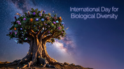 Fototapeta premium Postcard showing a magical flowering tree at night for International Day for Biological Diversity.