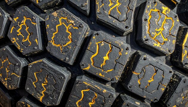Close-up Black tire tread with orange/yellow cracking and rugged, textured pattern
