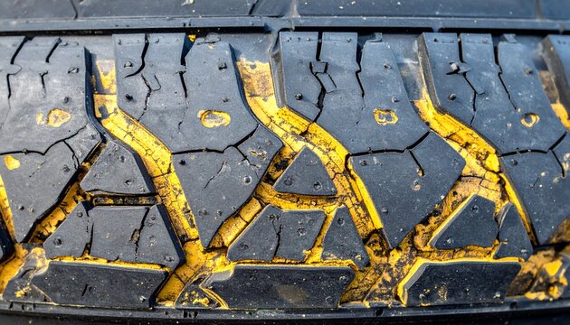 Close-up shows worn tire tread with yellow paint in cracks, aging rubber