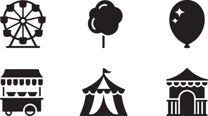 Set of black carnival and amusement park icons featuring ferris wheel cotton candy balloon and tent © Mostafizur