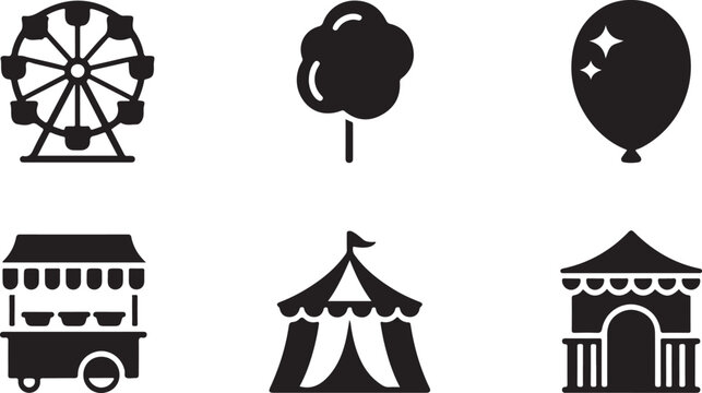 Set of black carnival and amusement park icons featuring ferris wheel cotton candy balloon and tent