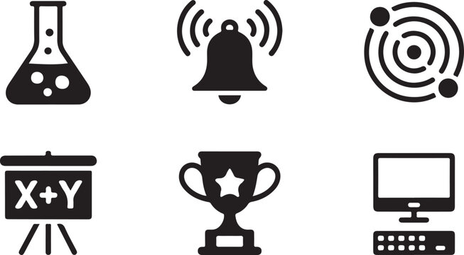 Set of black flat education and technology vector icons including science and computer symbols