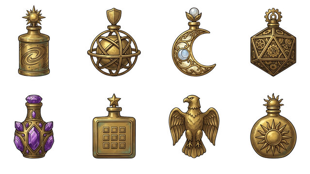 Set of golden mystical and alchemical icons featuring celestial symbols, magic potion bottles, and esoteric geometric shapes isolated on white