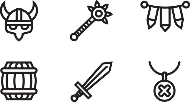Set of six medieval viking warrior icons including helmet mace banner barrel sword and medallion