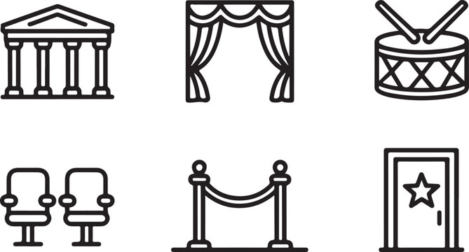 Set of black line icons for theatre and entertainment including building curtain drum seats and door