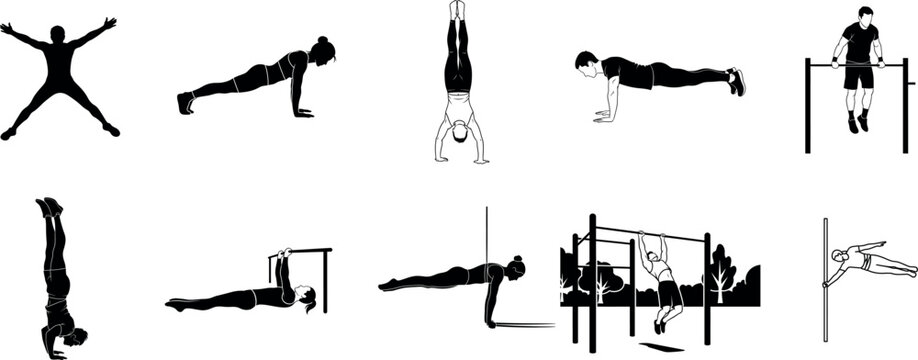 Black and white illustrations of various gymnastic exercises and fitness activities