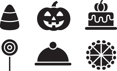 Set of black halloween icons featuring pumpkin candy corn cake lollipop and food dome symbols © Mostafizur