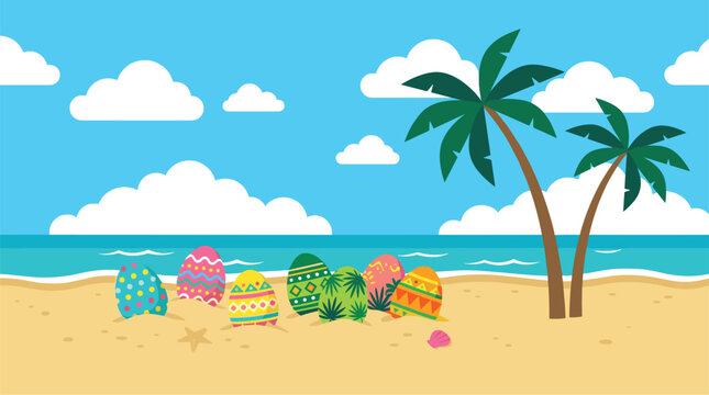 Colorful decorated Easter eggs are partially buried in the sand on a sunny tropical beach under a bright blue sky with fluffy white clouds and palm trees.