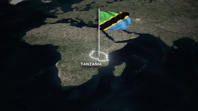 Tanzania Map Animation with 3D Waving of Tanzania National Flag and Glowing Border Animation on World Map