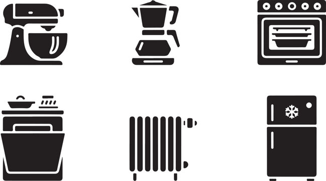 Set of black kitchen appliance icons including mixer coffee maker oven dishwasher heater and fridge