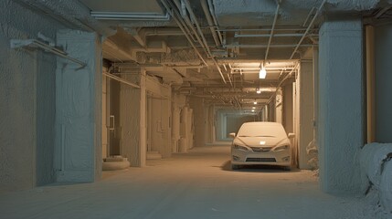 Naklejka premium White car standing in a completely white and dusty underground parking garage with pipes and structural elements covered in a similar white residue, creating an eerie, abandoned atmosphere