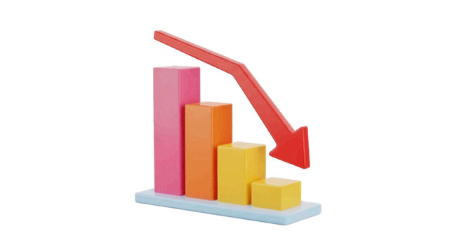 Vector illustration of 3d bar chart with red arrow pointing down, on a transparent background
