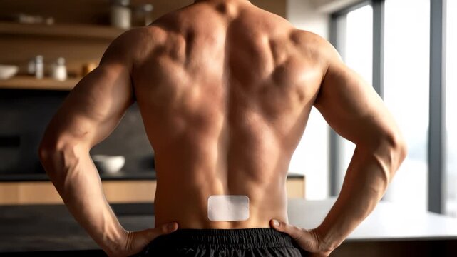 Muscular man stands with hands on hips showing white patch on lower back.