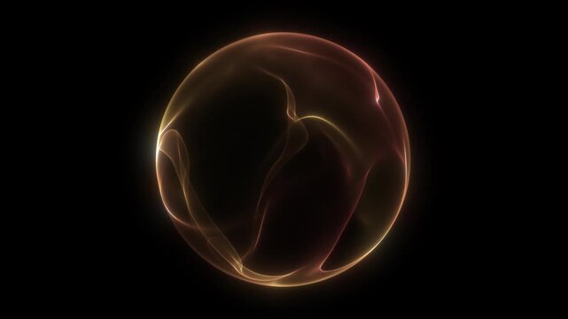Golden ember sphere with flowing inner flame curves. Smooth glowing filaments shaping a warm luminous volume. Soft amber light gradients forming abstract fire energy core on dark background.