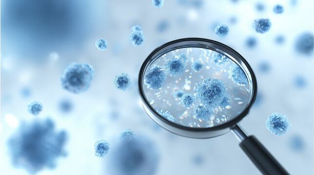bacteria microorganism captured by magnifying Glass on white floor
