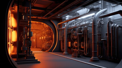 Fototapeta premium Industrial spaceship interior featuring complex mechanical systems, a network of metal pipes, and glowing warm light creating a dramatic sci fi atmosphere