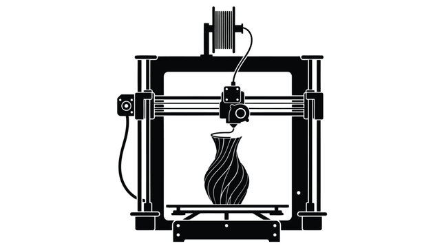Industrial 3d printer producing decorative vase vector graphic illustration