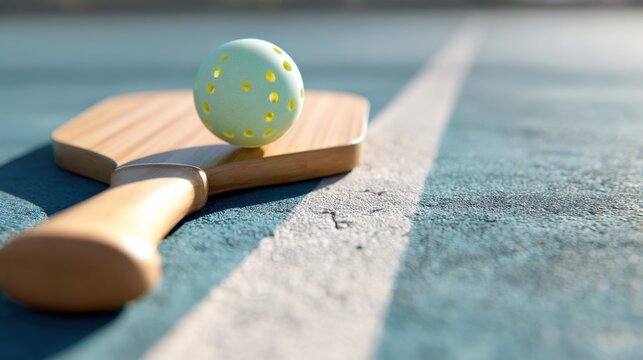 Pickleball paddle with perforated ball on textured court edge in sunlight for sports poster and background design