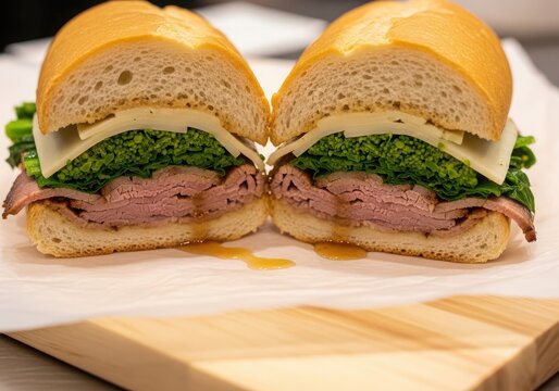 Italian roast beef sandwich with broccoli rabe and provolone