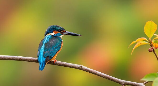 Vivid photo of a kingfisher bird perched on a branch, set against a blurred colorful background