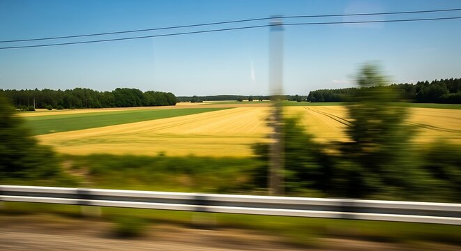 View from a moving vehicle of sunlit fields, trees, and sky