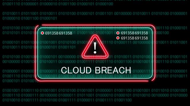 cloud breach computer hacking warning, message hacked alert warning hacked alert blackmailing virus, countdown until deletion computer security alert on binary cod background. 