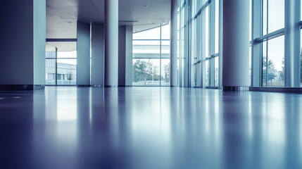 Naklejka premium Modern corporate lobby with floor to ceiling windows, reflective floors and tall columns, minimalist open space flooded with daylight and sleek contemporary design