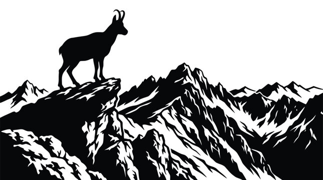 Mountain ibex standing on rocky cliff edge overlooking jagged snowy mountain range