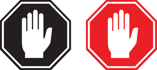 Obraz premium Set of stop hand icons in red and black octagons representing prohibition and warning symbols for safety and access control isolated on white background