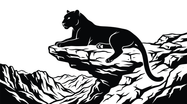 Black panther resting on rocky mountain cliff ledge