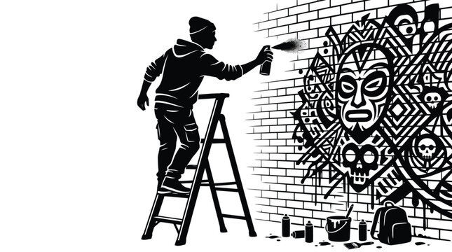 Street artist painting a complex mural on a brick wall using spray paint from a ladder