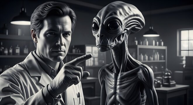 Professional scientist in a lab pointing at a grey alien. Concept of extraterrestrial research, first contact, and World UFO Day. Detailed black and white cinematic style illustration