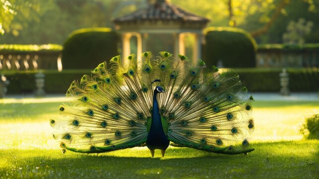 Peacock spreads magnificent tail feathers in lush garden. Golden sunlight highlights intricate eye patterns. Elegant bird stands proud on green lawn. Background shows classic gazebo and trimmed hedges