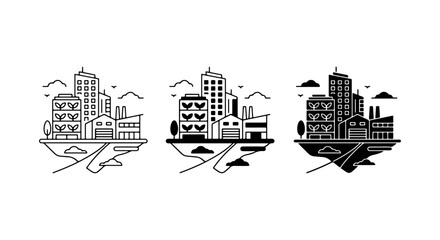 Naklejka premium Three Cityscape Silhouettes Vector Icons