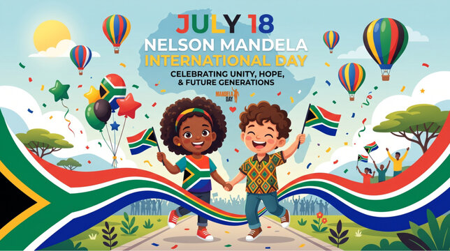 Children celebrating Nelson Mandela international day with South Africa flags unity spirit and colorful festive atmosphere